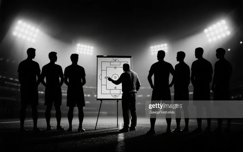 战术板与球员剪影，教练在灯光下讲解阵型与对位，象征淘汰赛策略